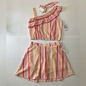Youth Girls Striped 3pc Outfit XL Top Skort Hair Tie Set Summer Ruffle Crop NWT
